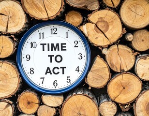 Clock with "TIME TO ACT" overlaid on a stack of wooden logs