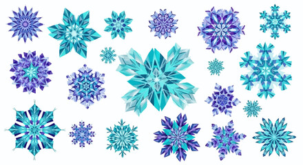 Collection of intricate, geometrically patterned snowflakes in various shades of blue and purple, symbolizing winter and frost