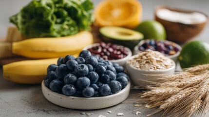 healthy food items like blueberries, vegetables, and nuts