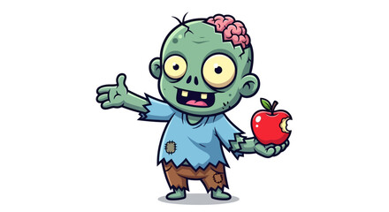 Friendly cartoon zombie character, exposed brain, tattered clothes, gives a thumbs-up, holding a vibrant red apple, ideal for playful designs