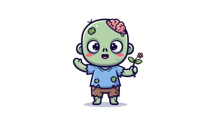 Adorable cartoon zombie character illustration. Friendly green creature with exposed brain, tattered clothes, holding a pink flower. Perfect for cute spooky and kid-friendly Halloween designs