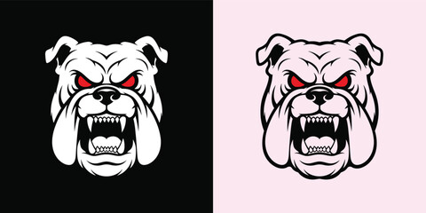 Two bulldog head illustrations, one on black background, the other on light pink, both with fierce red eyes.