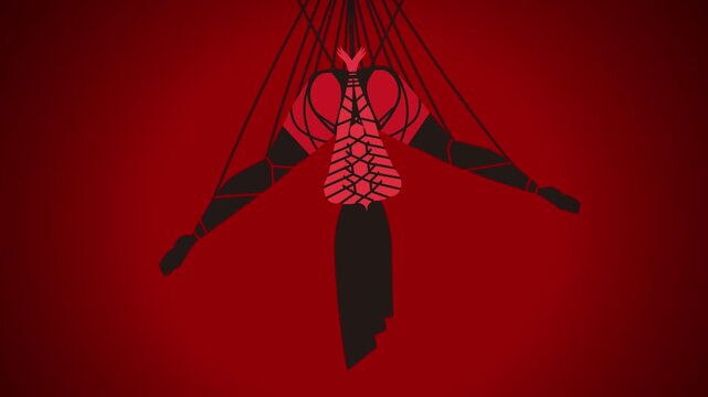 shibari tied up hanging woman in red