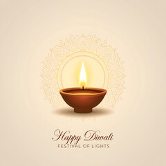 Traditional clay diya illuminates with warm flame on a textured background