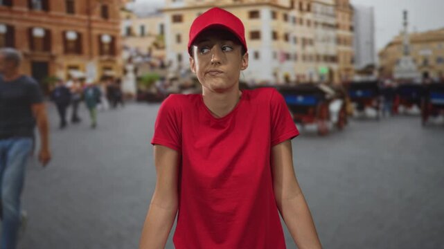 Woman in red cap and tshirt shrugs shoulders on street among carriages and pedestrians; annoyed uncertainty.