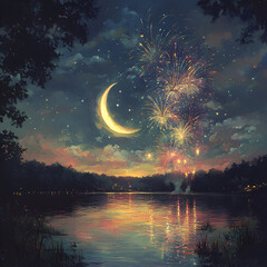 Magical Night with Crescent Moon, Crescent Moon in a Dreamy Sky, Magical Night Sky with Moon, Fireworks and Crescent Moon, Dreamy Night Over Water, Enchanted Moonlit Sky, Night Sky with Moon and Stars