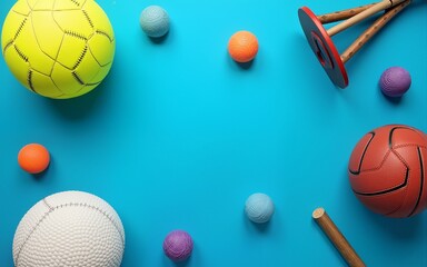 Set of sports equipment on blue background, top view. High quality