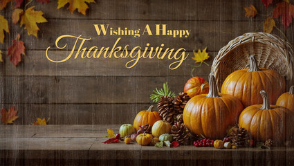 Autumn still life with pumpkins and colorful leaves with a message "thanksgiving" on vintage wooden background 