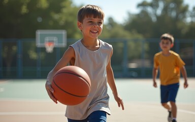 Junior level basketball player bouncing basketball. Young basketball player with classic ball. Basketball training session for youth. School sports class. High quality