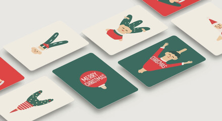 A festive collection of modern minimalist greeting cards featuring whimsical illustrations of playful Christmas elves and holiday ornaments