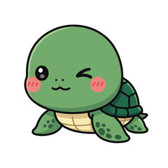 Obraz premium Adorable cartoon sea turtle winking with rosy cheeks, cute and playful illustration perfect for children's books, stickers, and graphic design projects promoting marine life and fun