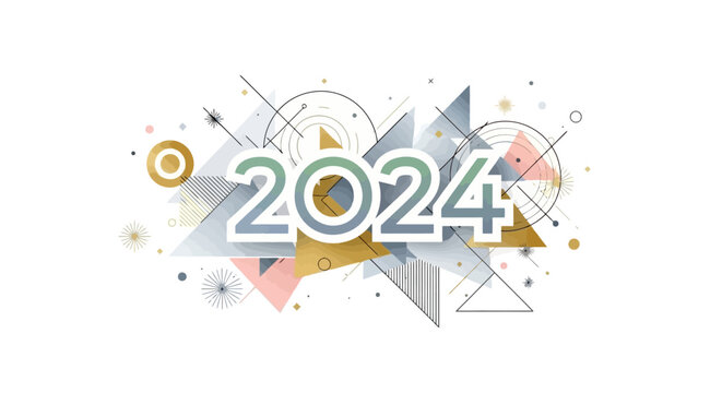Dynamic 2024 celebration design featuring abstract geometric shapes and a modern, forward-looking aesthetic, ideal for new year greetings, corporate events, and digital marketing materials