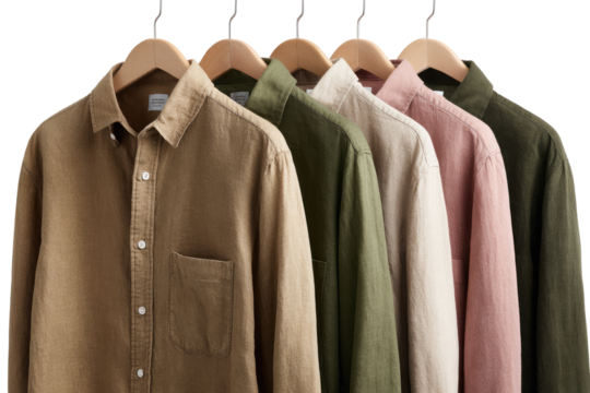 Five linen shirts on hangers, various colors