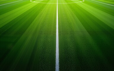 Green synthetic grass sports field with white line shot from above. Soccer, hurling, lacrosse, rugby, football, baseball sport concept. High quality