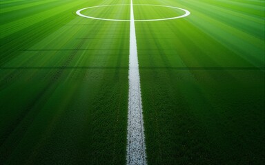 Green synthetic grass sports field with white line shot from above. Soccer, hurling, lacrosse, rugby, football, baseball sport concept. High quality