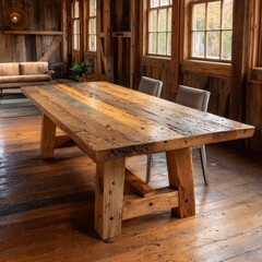 Cozy rustic interior with wooden table and comfortable seating area