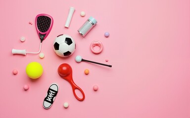 A collection of various sports equipment on a bright pink background. High quality