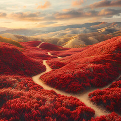 Surreal Path Through a Vast Field of Flowers, Dreamy Path Through Flowers, Vibrant Path in a Flower Field, Surreal Flower Valley, Serene Flower Pathway, Beautiful Field of Blossoms, Scenic Path Throug