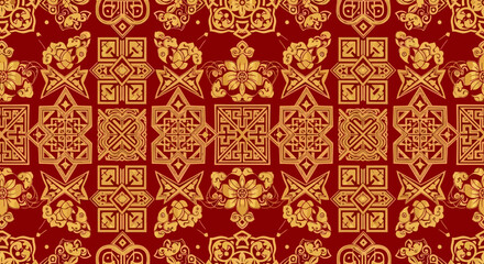 Intricate Golden Geometric Patterns on Rich Red Background - Traditional Decorative Motif