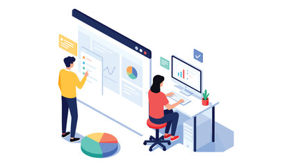 Analyzing Data and Design: Two individuals focused on data analysis and design, their workspace illuminated by digital interfaces.