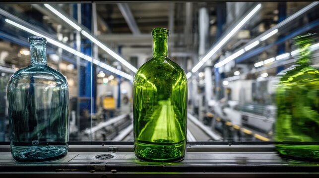 A Stunning Display of Colorful Glass Bottles in a Factory Setting with Industrial Machinery and Dynamic Lighting