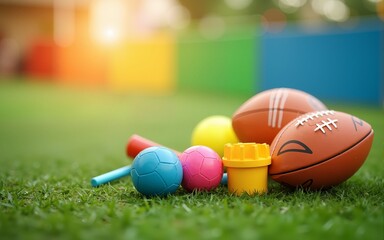 Colorful sports equipment on artificial grass; summer fun; ready for play; background for kids' party. High quality