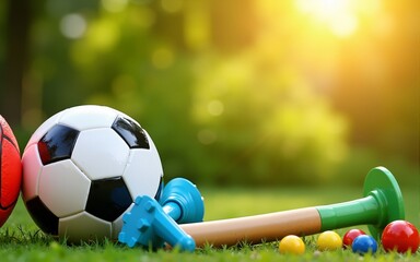 Colorful sports equipment on artificial grass; summer fun; ready for play; background for kids' party. High quality