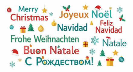 Festive word cloud celebrating Christmas with 'Merry Christmas' greetings in various international languages like Spanish, French, and German, adorned with holiday icons