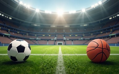 Frame of sport balls - football, basketball on football field. Copy space. High quality