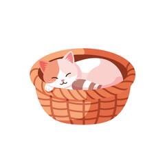 A charming cartoon illustration of a cute, sleepy kitten peacefully napping in a woven basket, showcasing a cozy and adorable domestic scene, perfect for pet-themed designs and content