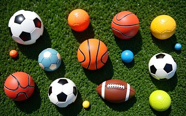 Various sports balls, including football, soccer, basketball, and others, scattered on green grass, copy space. High quality
