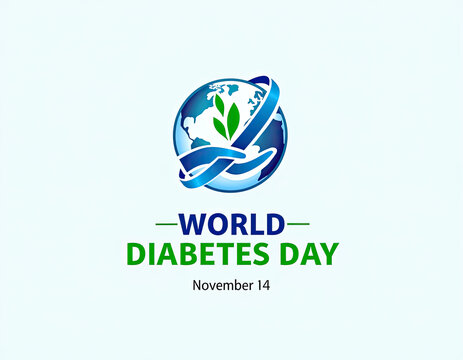 A clear illustration of a globe encircled by a blue ribbon and green leaves, symbolizing World Diabetes Day and global health awareness.