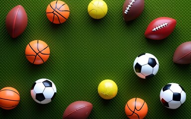 Various sports balls, including football, soccer, basketball, and others, scattered on green grass, copy space. High quality