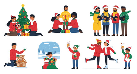 Set of diverse people celebrating Christmas holiday traditions together.