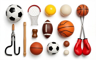 set collection of various sport gear and ball like soccer american football basketball handball boxing isolated white background. sports equipmet activity concept. High quality