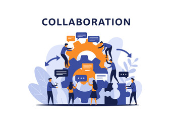 Teamwork concept illustration abstract gears and people interacting isolated on white background