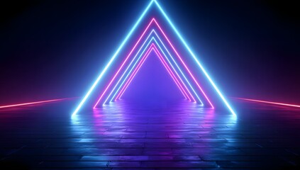 Vibrant abstract tunnel of glowing neon triangular shapes in electric blue and magenta illuminating a reflective wet surface creating an immersive futuristic pathway for digital art backgrounds