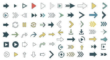 A comprehensive collection of modern flat arrow icons, featuring diverse styles and directions for web navigation and user interface design