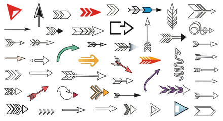 Diverse set of hand-drawn and geometric arrow symbols for navigation, direction, and web design