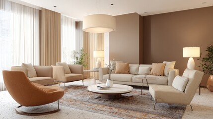 Fototapeta premium Modern and Cozy Living Room with Natural Light, Neutral Color Palette, Elegant Furniture, Cozy Textiles, and Inviting Atmosphere for Home Interior Design Inspiration