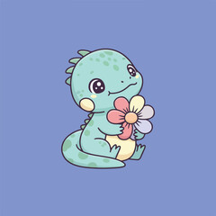 A cute cartoon dinosaur with a soft, pastel color palette sits and smiles, holding a multi-colored flower with a gentle expression on a solid blue background.