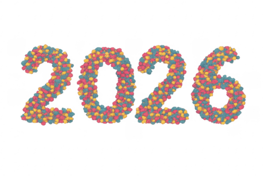 Multicolor candy sprinkles forming year 2026 on transparent