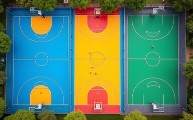 Aerial view of outdoor basketball and soccer courts with vibrant blue, orange, and green colors. The sports facility is empty, with clear markings and fences, creating a dynamic geometric composition