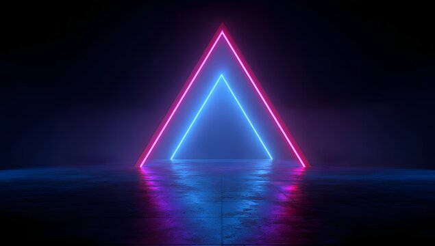 Abstract geometric glowing neon triangle portal shape with vibrant pink and blue lights reflecting on a wet dark reflective surface creating an atmospheric futuristic portal effect