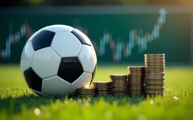 Football soccer ball stands coins stack on grass. Financial market chart in background. Gambling, betting on sports matches, online betting, winning money concept. Financial success in sport.
