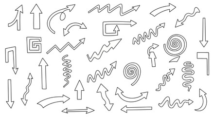 Collection of Hand Drawn Arrows in Various Styles and Directions.