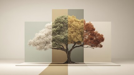 Obraz premium Tree With White Blossoms Framed By Geometric Color Panels In Neutral