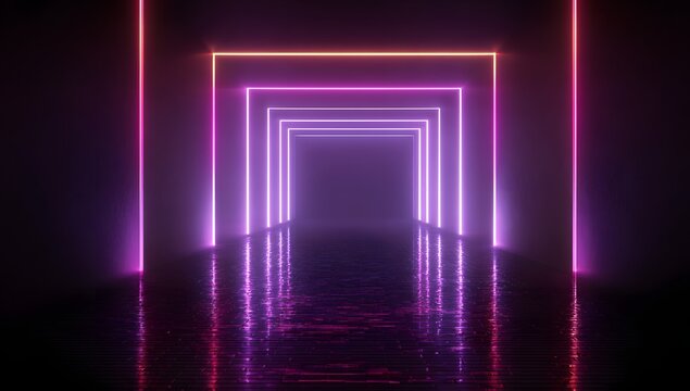 Illuminated abstract corridor with repeating geometric neon light frames in vibrant purple and pink hues creating a futuristic tunnel effect on a reflective surface