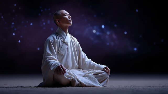 Monk Meditating Under the Vast Starry Sky Feeling Inner Peace