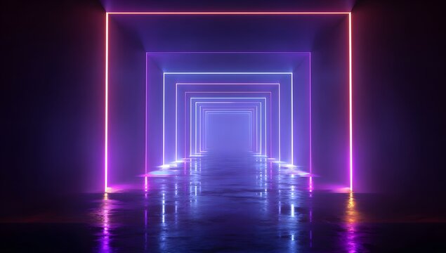 Infinite glowing neon rectangular portals receding into a dark futuristic tunnel with vibrant pink and purple light reflections on a wet floor creating a sense of depth and mystery